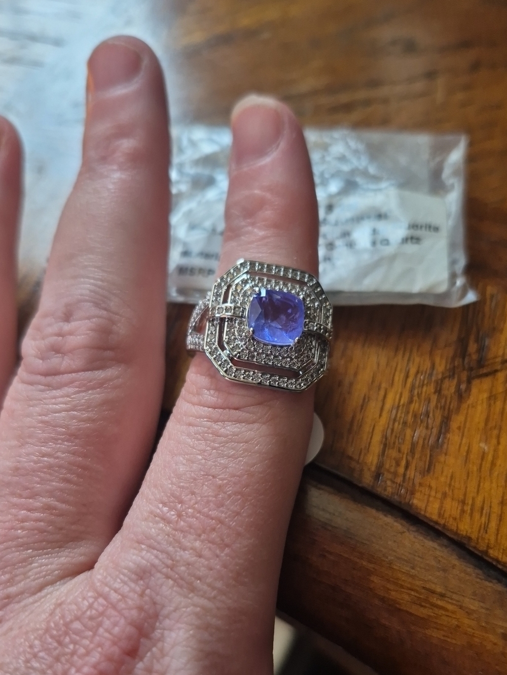 Sterling-Style Silver Ring with Violet Cushion Center and Sparkling Accents